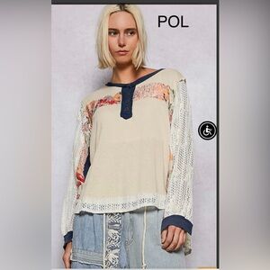 POL Cream Blend Henley Top with Navy Trim and Floral Panels